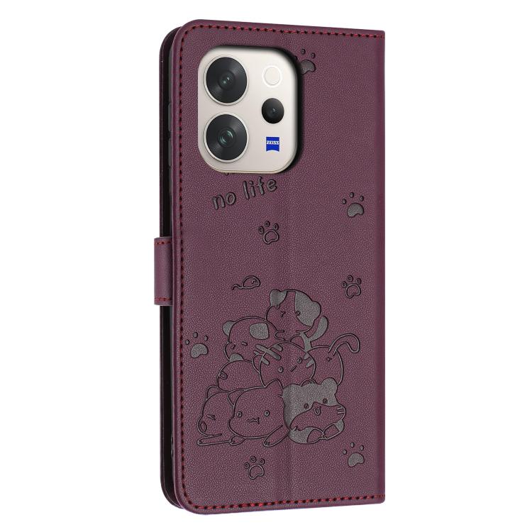 For vivo V70 5G Embossed Kitten Phone Leather Case with Lanyard