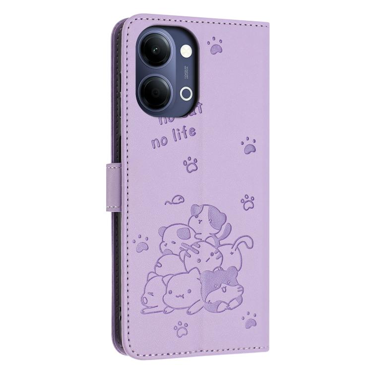 For vivo Y05 4G Embossed Kitten Phone Leather Case with Lanyard