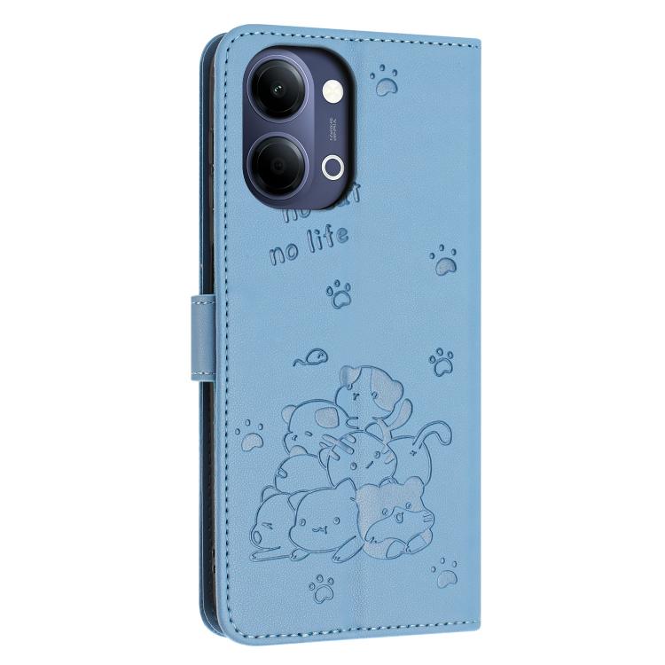 For vivo Y05 4G Embossed Kitten Phone Leather Case with Lanyard