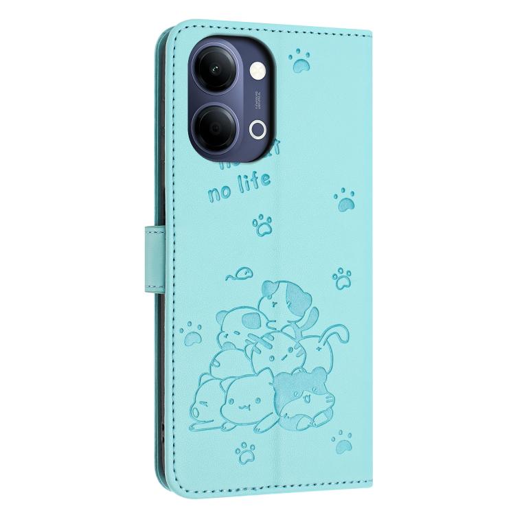 For vivo Y05 4G Embossed Kitten Phone Leather Case with Lanyard