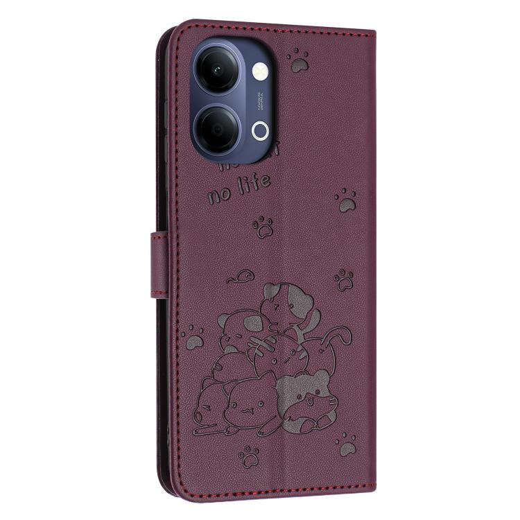 For vivo Y05 4G Embossed Kitten Phone Leather Case with Lanyard
