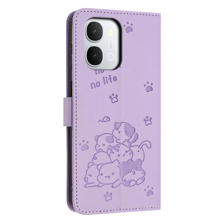 For vivo Y500i 5G Embossed Kitten Phone Leather Case with Lanyard