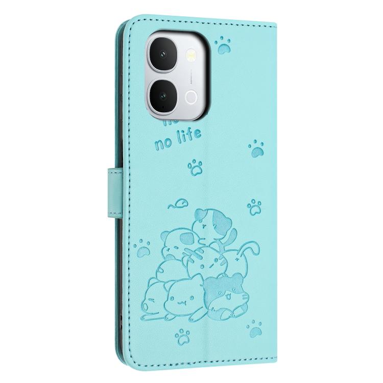For vivo Y500i 5G Embossed Kitten Phone Leather Case with Lanyard