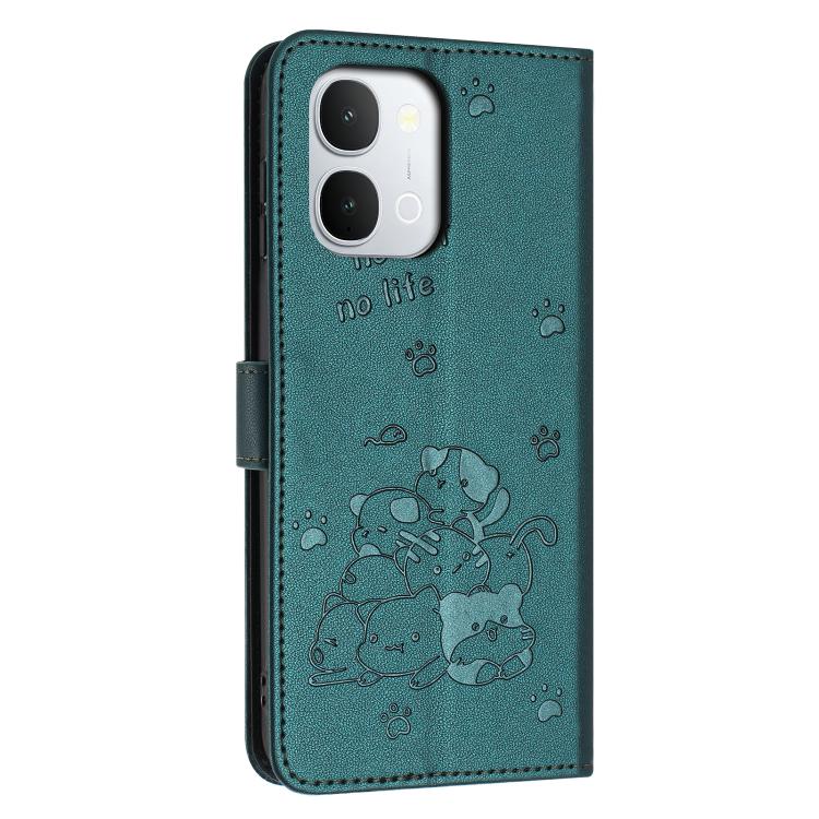 For vivo Y500i 5G Embossed Kitten Phone Leather Case with Lanyard