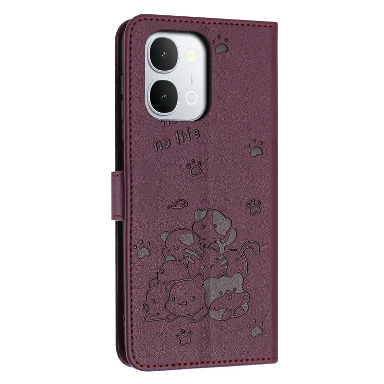 For vivo Y500i 5G Embossed Kitten Phone Leather Case with Lanyard