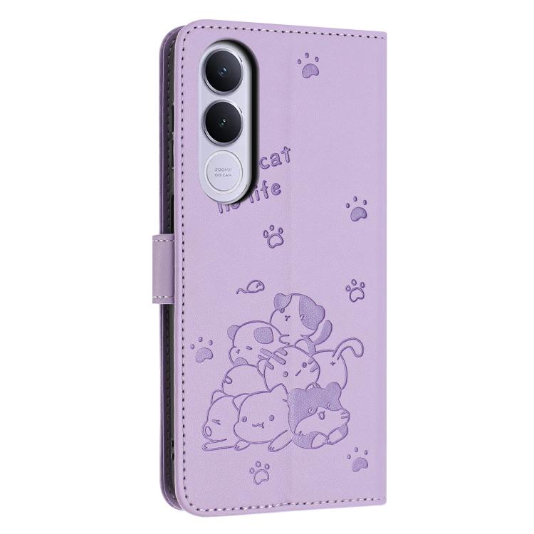 For vivo V70 FE 5G Embossed Kitten Phone Leather Case with Lanyard