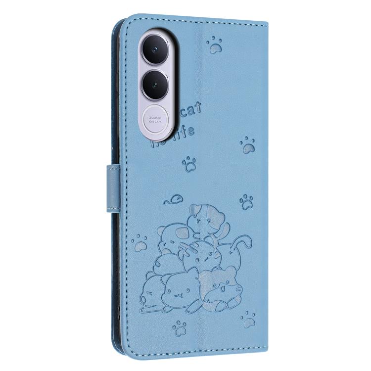 For vivo V70 FE 5G Embossed Kitten Phone Leather Case with Lanyard