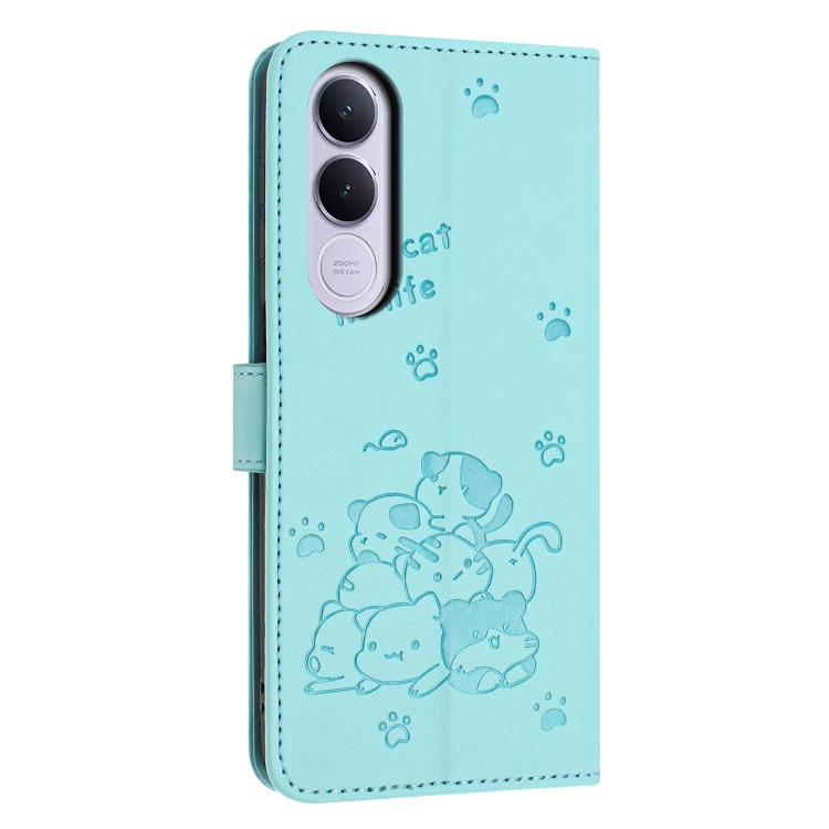 For vivo V70 FE 5G Embossed Kitten Phone Leather Case with Lanyard
