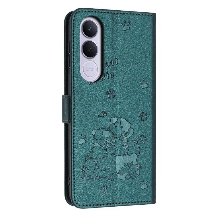 For vivo V70 FE 5G Embossed Kitten Phone Leather Case with Lanyard