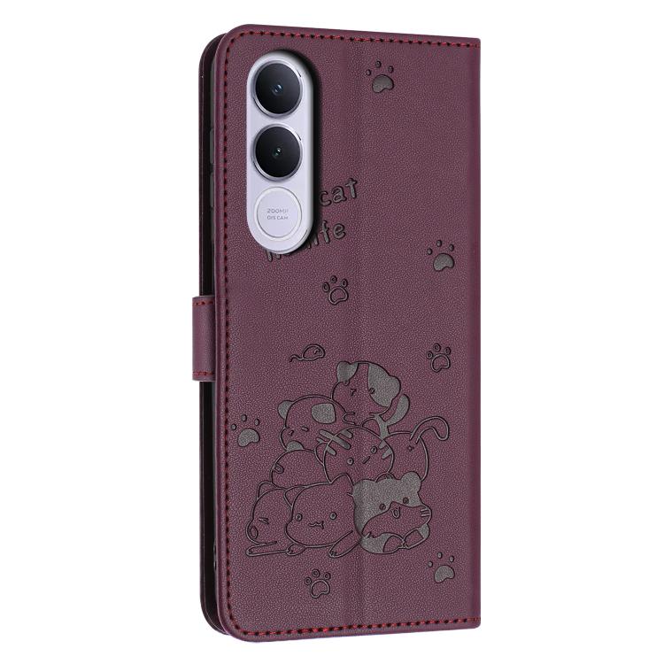 For vivo V70 FE 5G Embossed Kitten Phone Leather Case with Lanyard