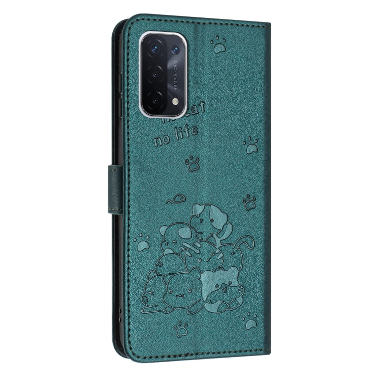 For OnePlus Nord N200 5G Embossed Kitten Phone Leather Case with Lanyard