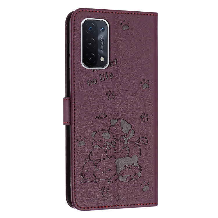 For OnePlus Nord N200 5G Embossed Kitten Phone Leather Case with Lanyard