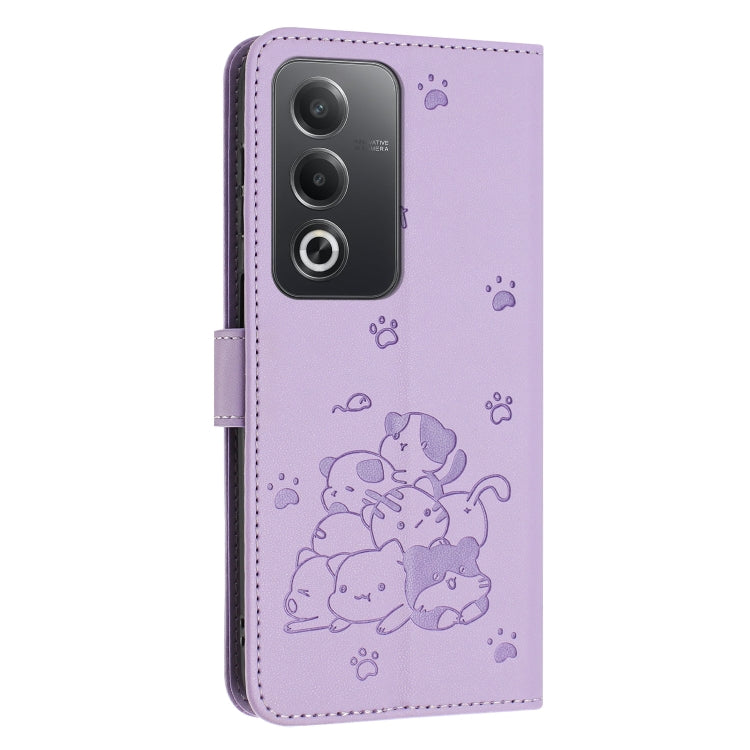 For OPPO A3 Pro India / Global Embossed Kitten Phone Leather Case with Lanyard