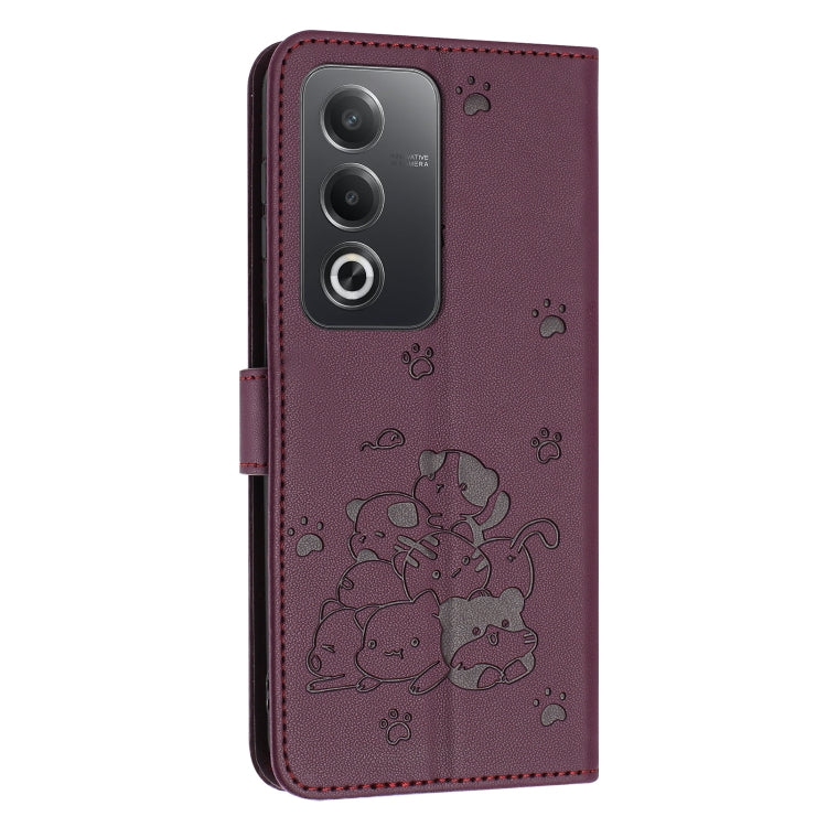 For OPPO A3 Pro India / Global Embossed Kitten Phone Leather Case with Lanyard