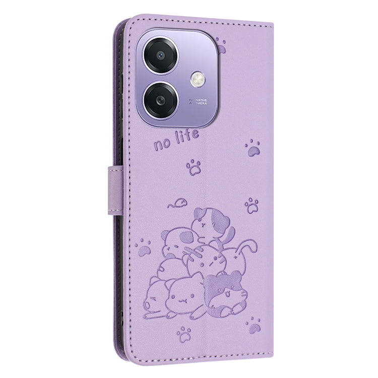For OPPO A3x 5G India / A3 4G Embossed Kitten Phone Leather Case with Lanyard