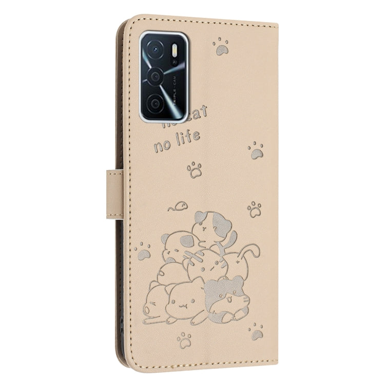 For OPPO A16 / A16s / A54s Embossed Kitten Phone Leather Case with Lanyard