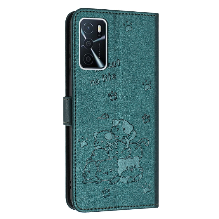 For OPPO A16 / A16s / A54s Embossed Kitten Phone Leather Case with Lanyard