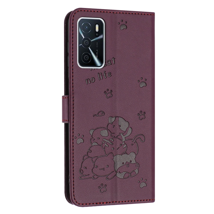 For OPPO A16 / A16s / A54s Embossed Kitten Phone Leather Case with Lanyard