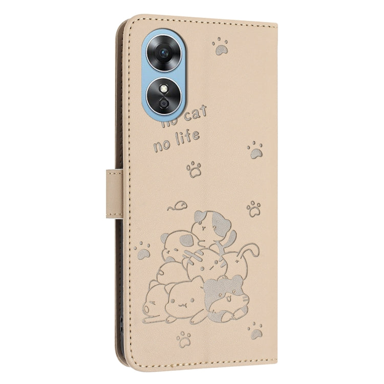 For OPPO A17 4G Global Embossed Kitten Phone Leather Case with Lanyard