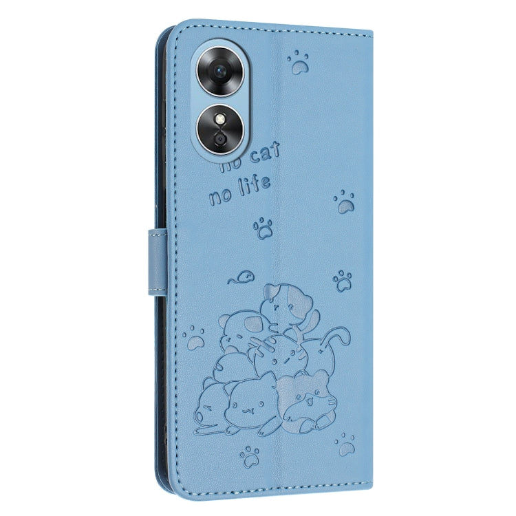 For OPPO A17 4G Global Embossed Kitten Phone Leather Case with Lanyard