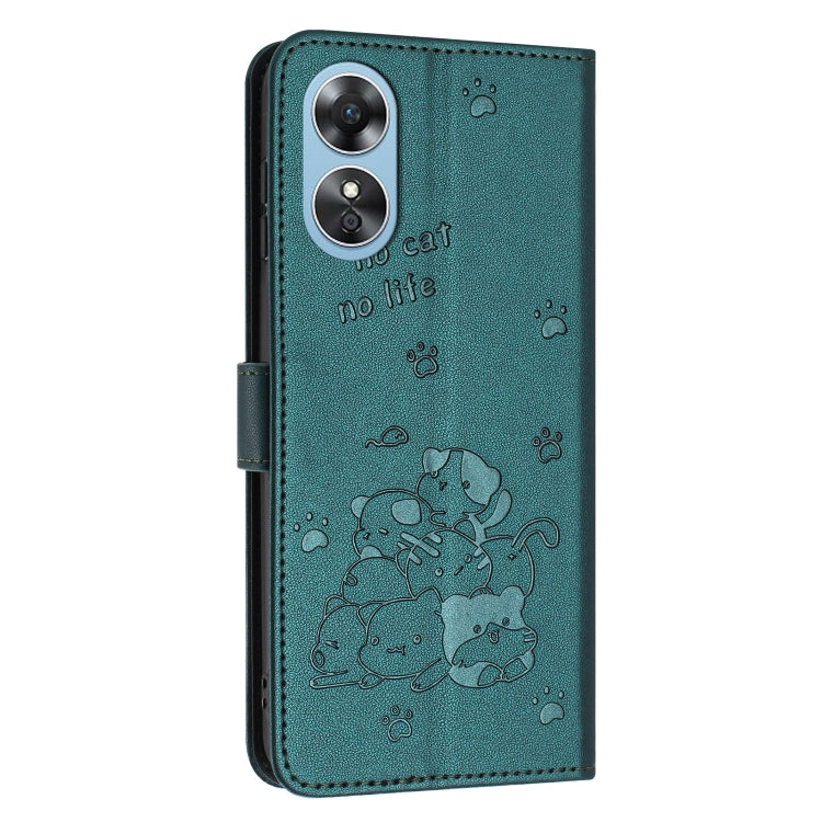For OPPO A17 4G Global Embossed Kitten Phone Leather Case with Lanyard