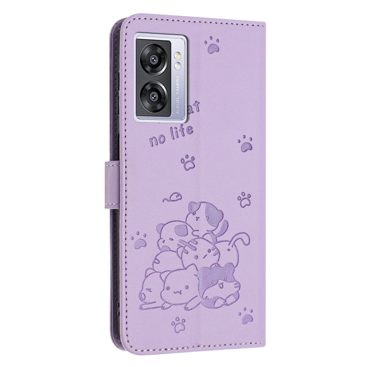 For OPPO A77 5G Global Embossed Kitten Phone Leather Case with Lanyard