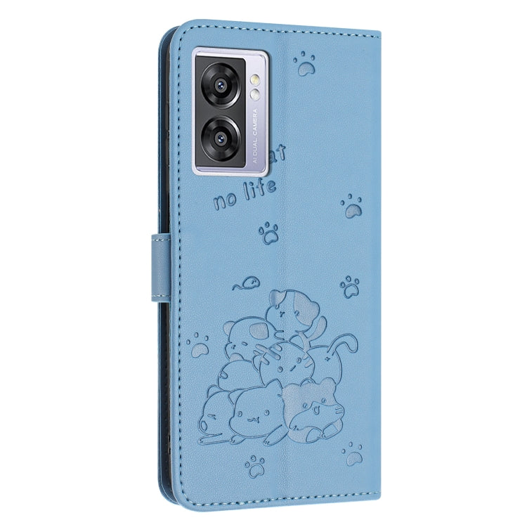 For OPPO A77 5G Global Embossed Kitten Phone Leather Case with Lanyard