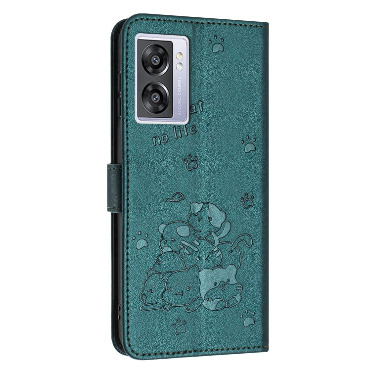 For OPPO A77 5G Global Embossed Kitten Phone Leather Case with Lanyard