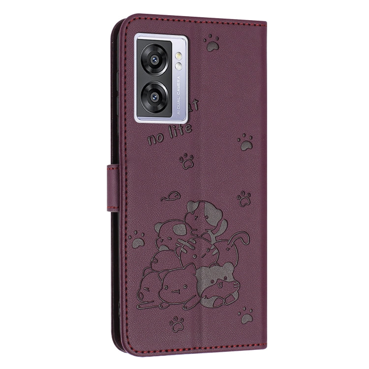 For OPPO A77 5G Global Embossed Kitten Phone Leather Case with Lanyard