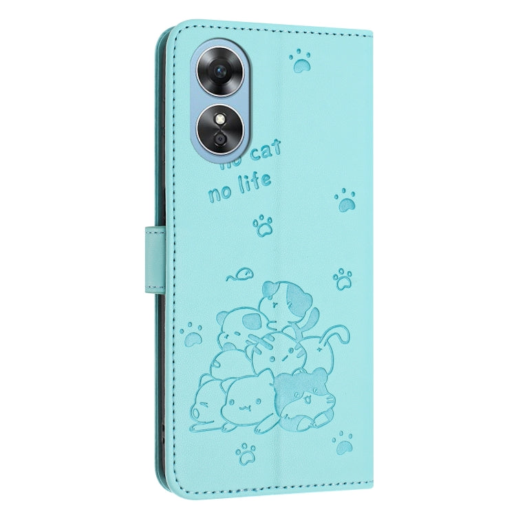 For OPPO A58 4G Embossed Kitten Phone Leather Case with Lanyard