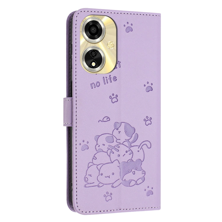 For OPPO A59 5G Global Embossed Kitten Phone Leather Case with Lanyard