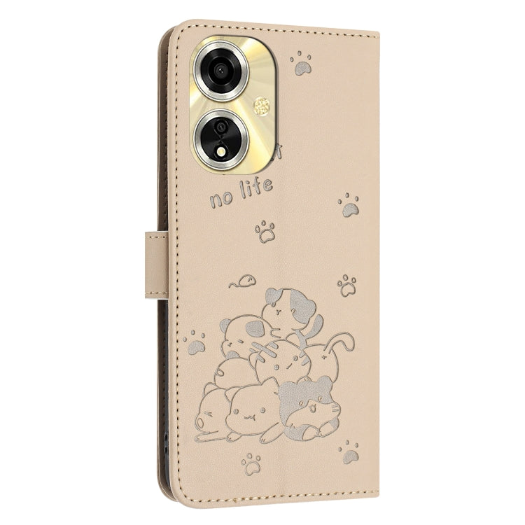 For OPPO A59 5G Global Embossed Kitten Phone Leather Case with Lanyard