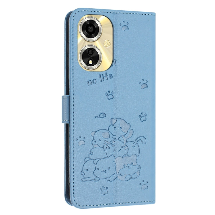 For OPPO A59 5G Global Embossed Kitten Phone Leather Case with Lanyard