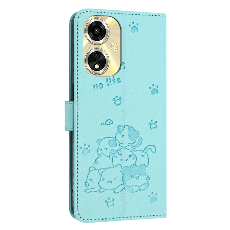 For OPPO A59 5G Global Embossed Kitten Phone Leather Case with Lanyard