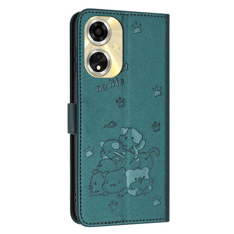 For OPPO A59 5G Global Embossed Kitten Phone Leather Case with Lanyard