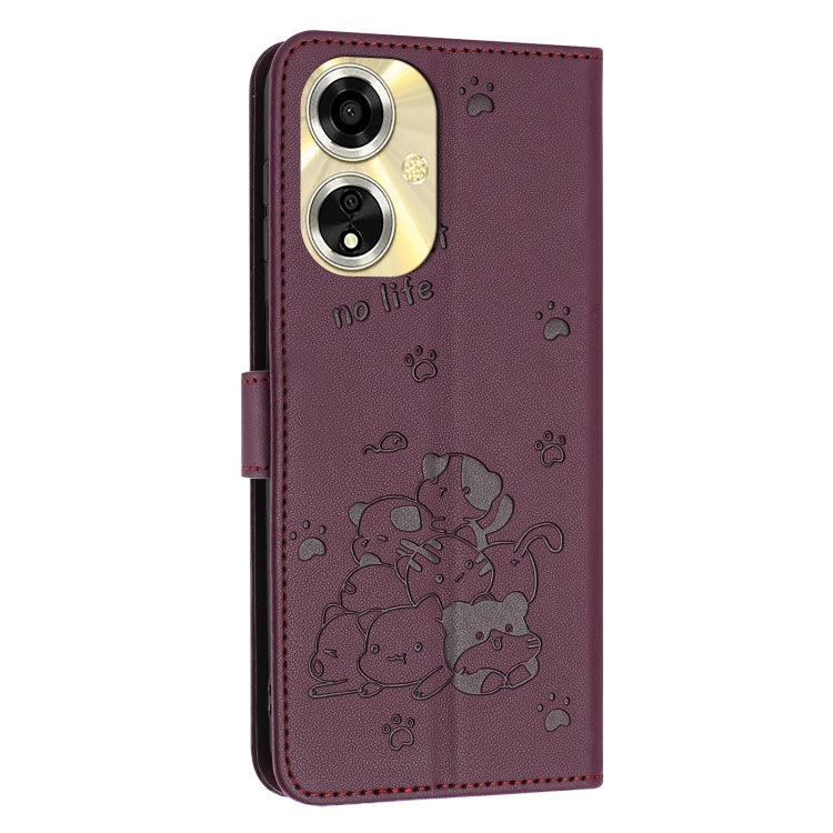 For OPPO A59 5G Global Embossed Kitten Phone Leather Case with Lanyard