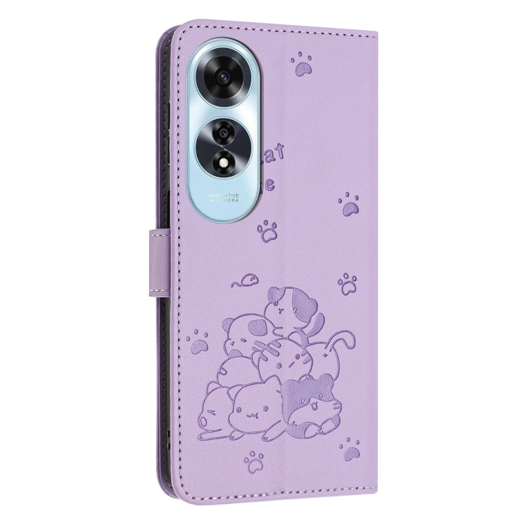 For OPPO A60 4G Global Embossed Kitten Phone Leather Case with Lanyard