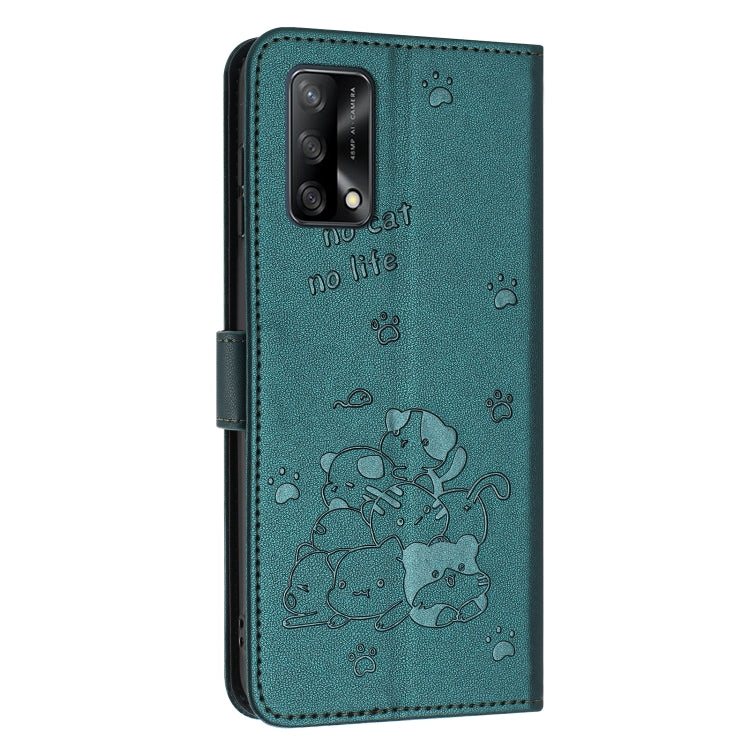 For OPPO A74 4G / F19 / F19s Embossed Kitten Phone Leather Case with Lanyard