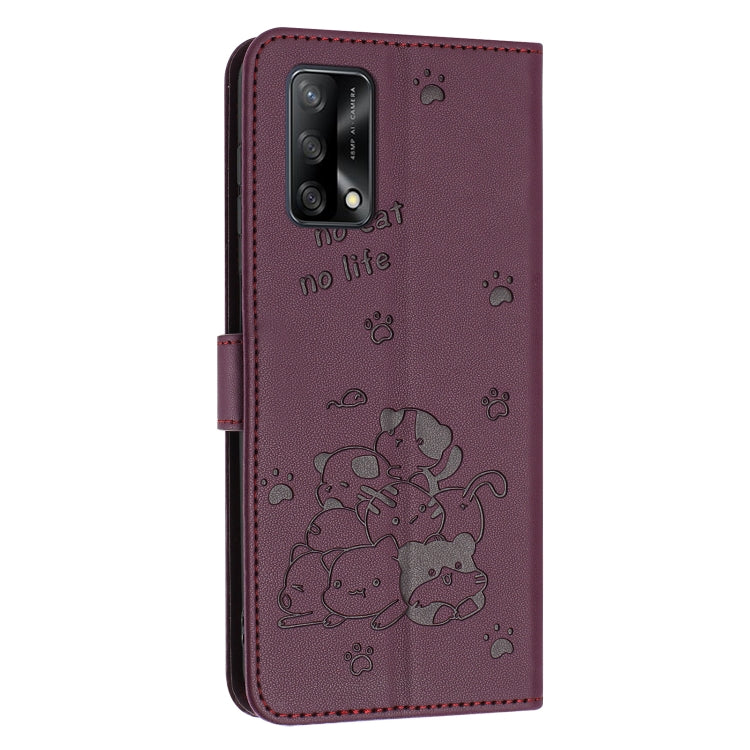 For OPPO A74 4G / F19 / F19s Embossed Kitten Phone Leather Case with Lanyard