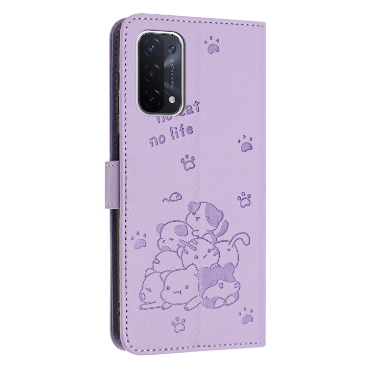 For OPPO A74 5G / A93 5G Embossed Kitten Phone Leather Case with Lanyard