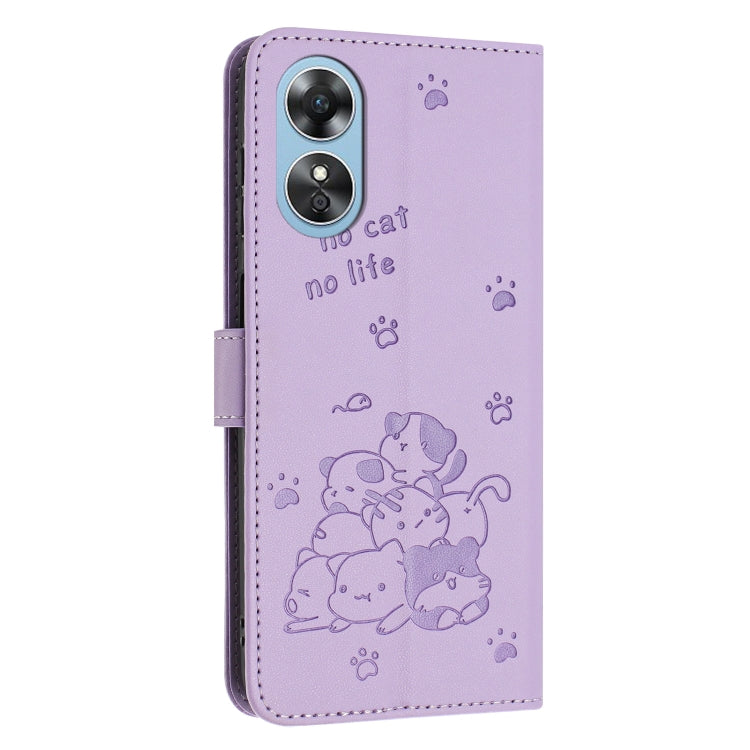 For OPPO A78 4G Embossed Kitten Phone Leather Case with Lanyard