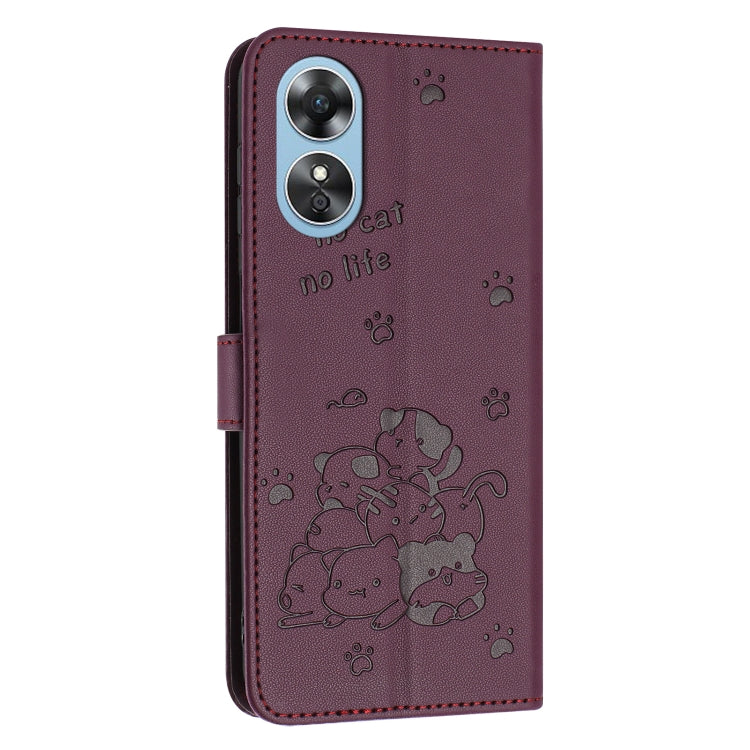 For OPPO A78 4G Embossed Kitten Phone Leather Case with Lanyard