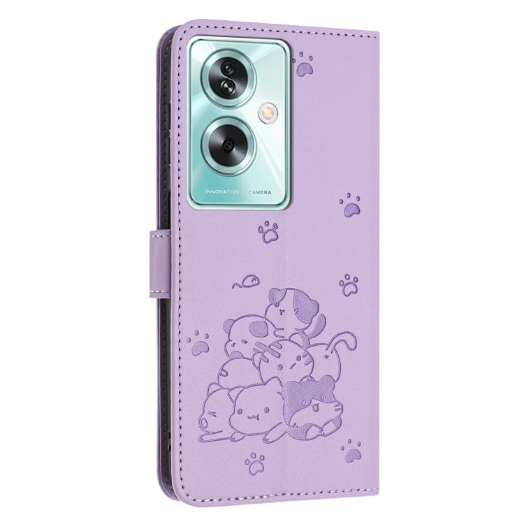 For OPPO A79 5G Global Embossed Kitten Phone Leather Case with Lanyard