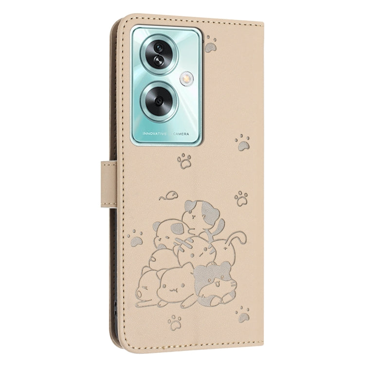 For OPPO A79 5G Global Embossed Kitten Phone Leather Case with Lanyard