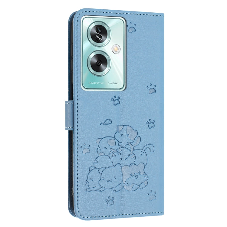 For OPPO A79 5G Global Embossed Kitten Phone Leather Case with Lanyard