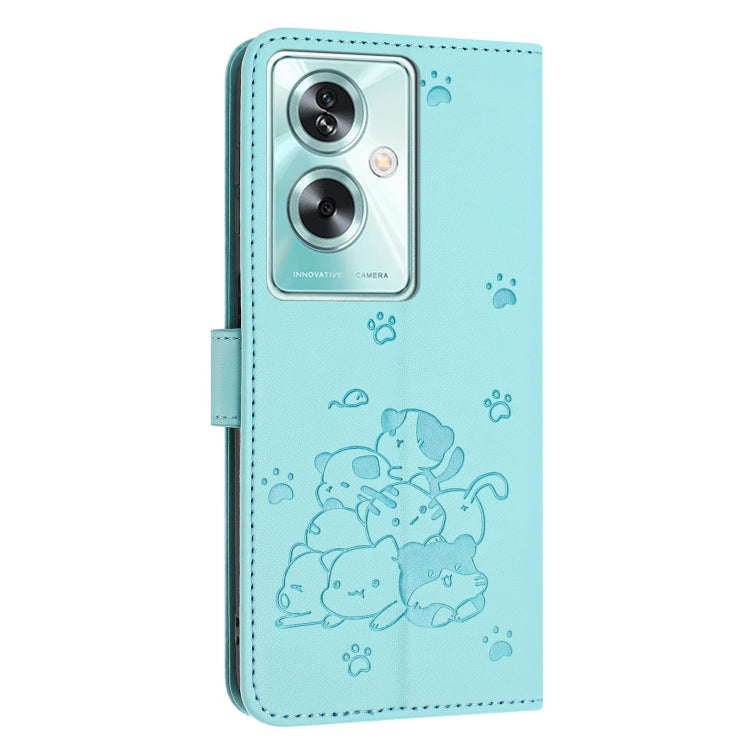 For OPPO A79 5G Global Embossed Kitten Phone Leather Case with Lanyard