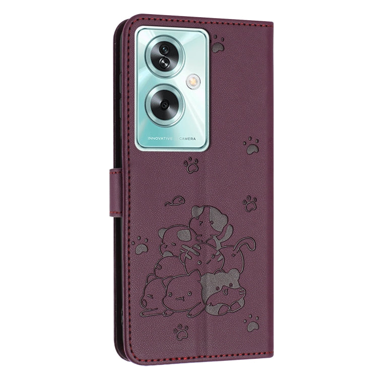 For OPPO A79 5G Global Embossed Kitten Phone Leather Case with Lanyard