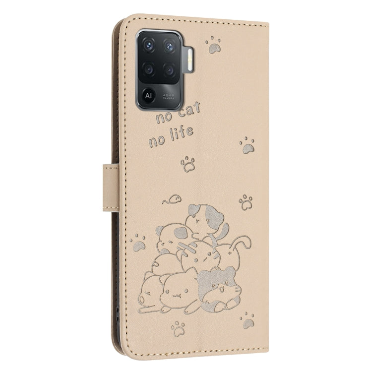 For OPPO A94 4G / F19 Pro Embossed Kitten Phone Leather Case with Lanyard