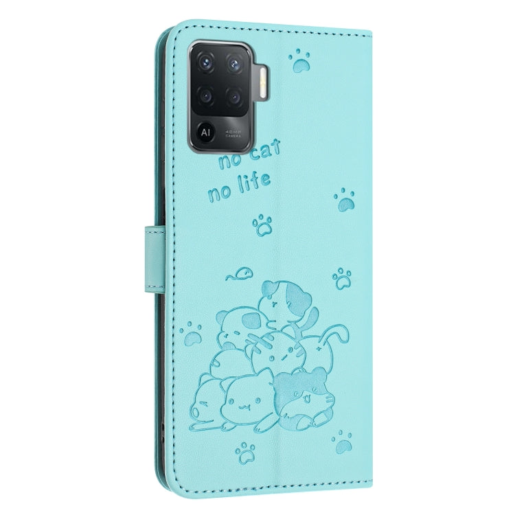 For OPPO A94 4G / F19 Pro Embossed Kitten Phone Leather Case with Lanyard