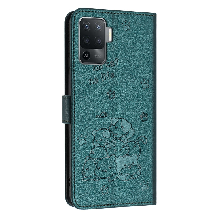 For OPPO A94 4G / F19 Pro Embossed Kitten Phone Leather Case with Lanyard